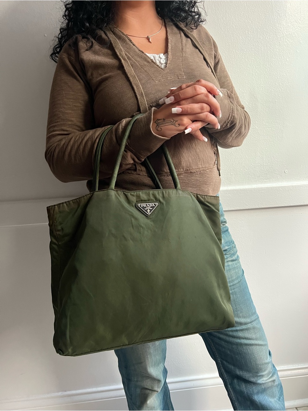Prada Green Nylon Tote